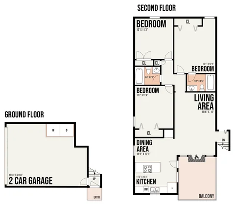 1C2 floor plan — 3 bed · 2 bath