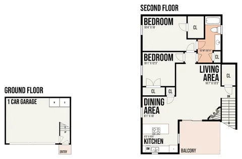 2B2 floor plan — 2 bed · 1 bath