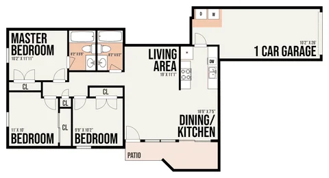 2C2 floor plan — 3 bed · 2 bath
