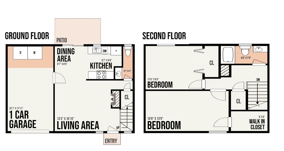 1B3 floor plan — 2 bed · 1.5 bath