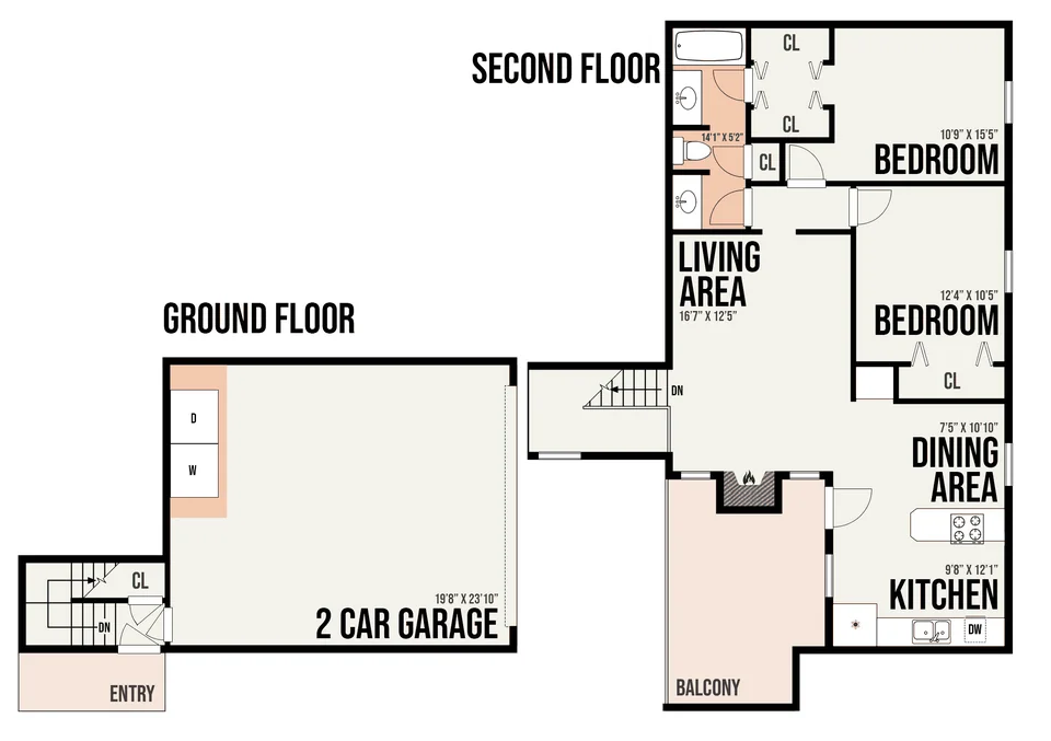 1B1 floor plan — 2 bed · 1 bath