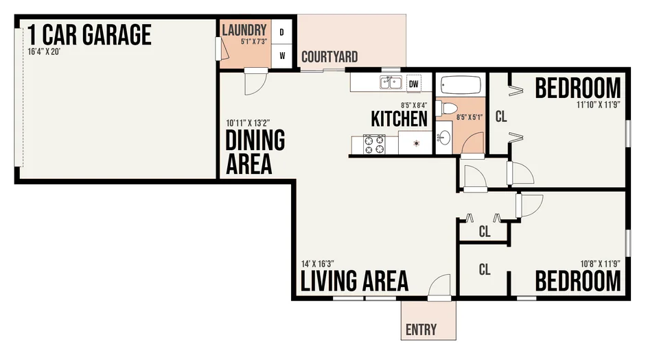 1B2 floor plan — 2 bed · 1 bath