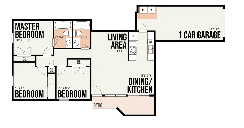 2C2 floor plan — 3 bed · 2 bath