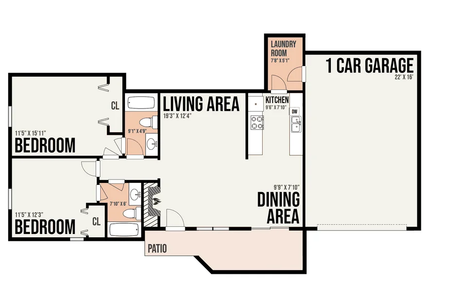 1B6 floor plan — 2 bed · 2 bath