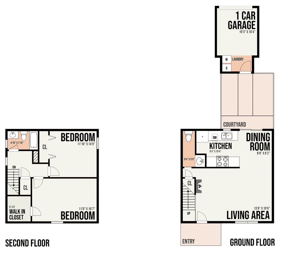 1B4 floor plan — 2 bed · 1.5 bath