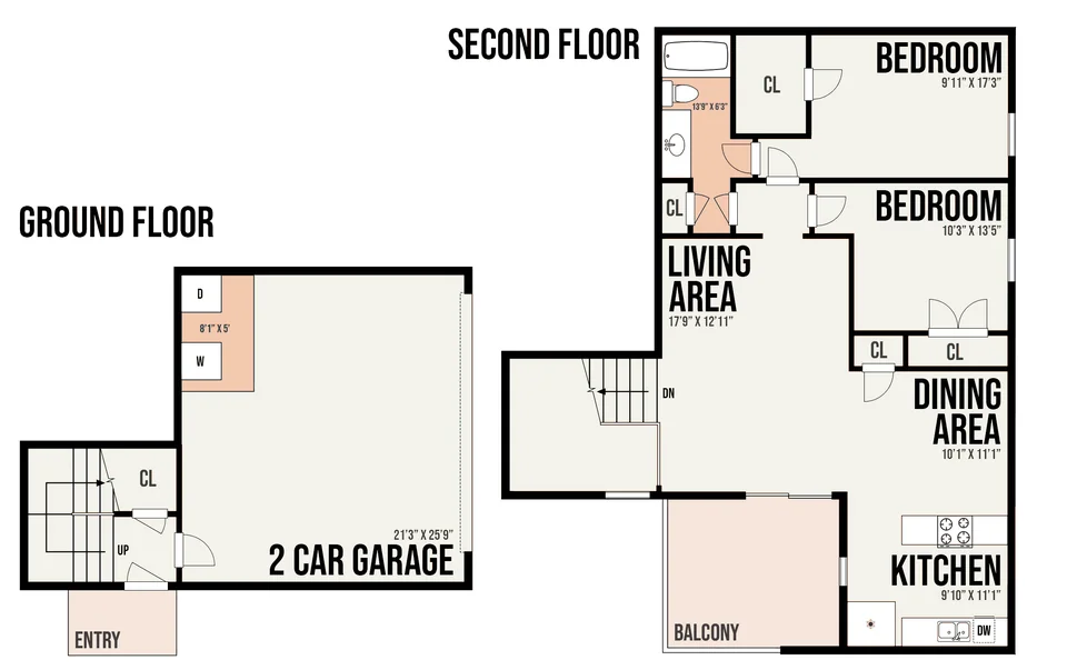 2B1 floor plan — 2 bed · 1 bath