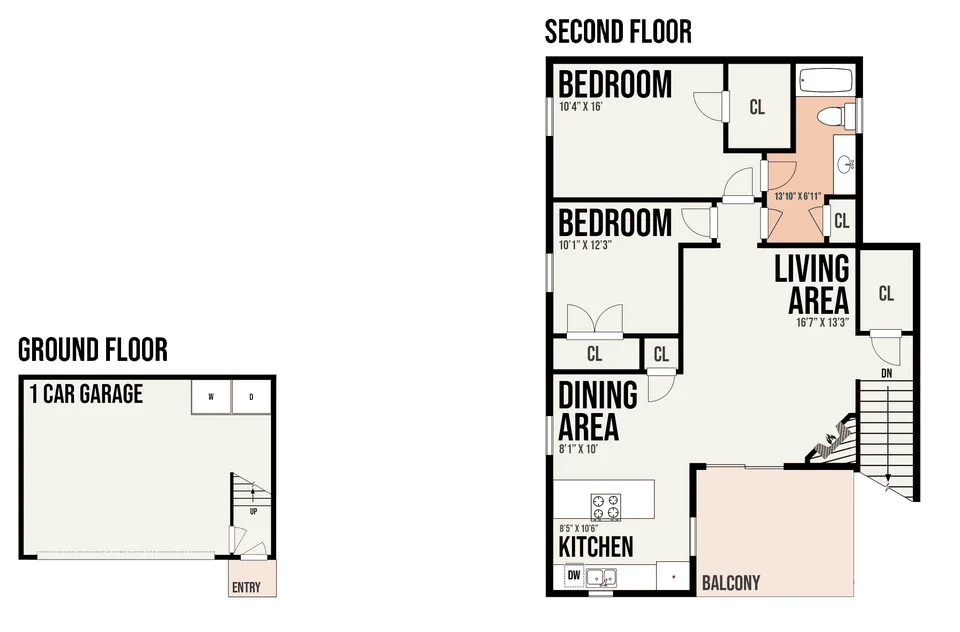 2B2 floor plan — 2 bed · 1 bath