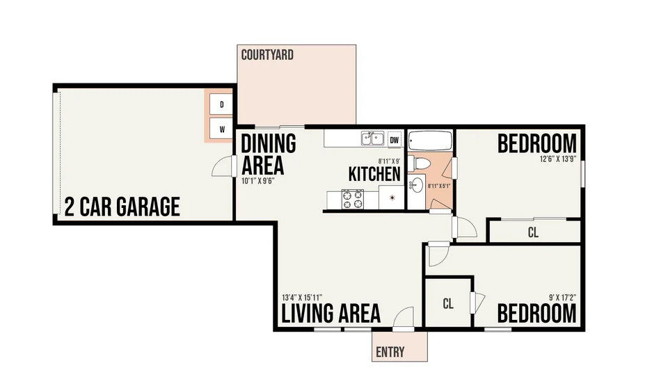 2B4 floor plan — 2 bed · 1 bath