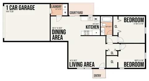 1B2 floor plan — 2 bed · 1 bath
