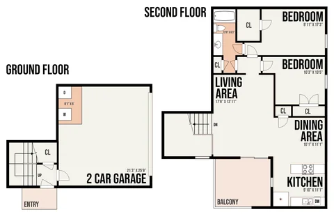 2B1 floor plan — 2 bed · 1 bath