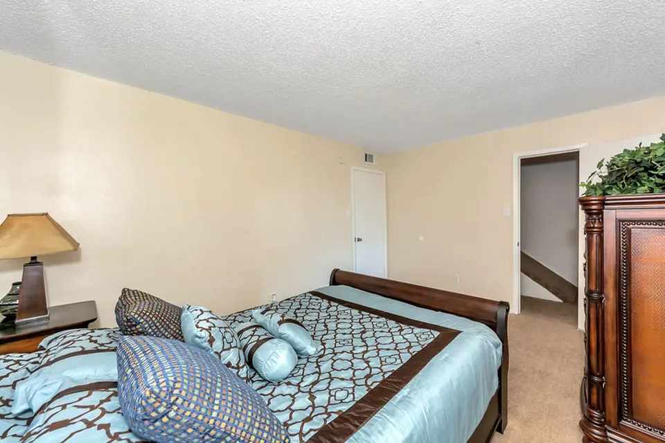 Furnished primary bedroom with a sleigh bed