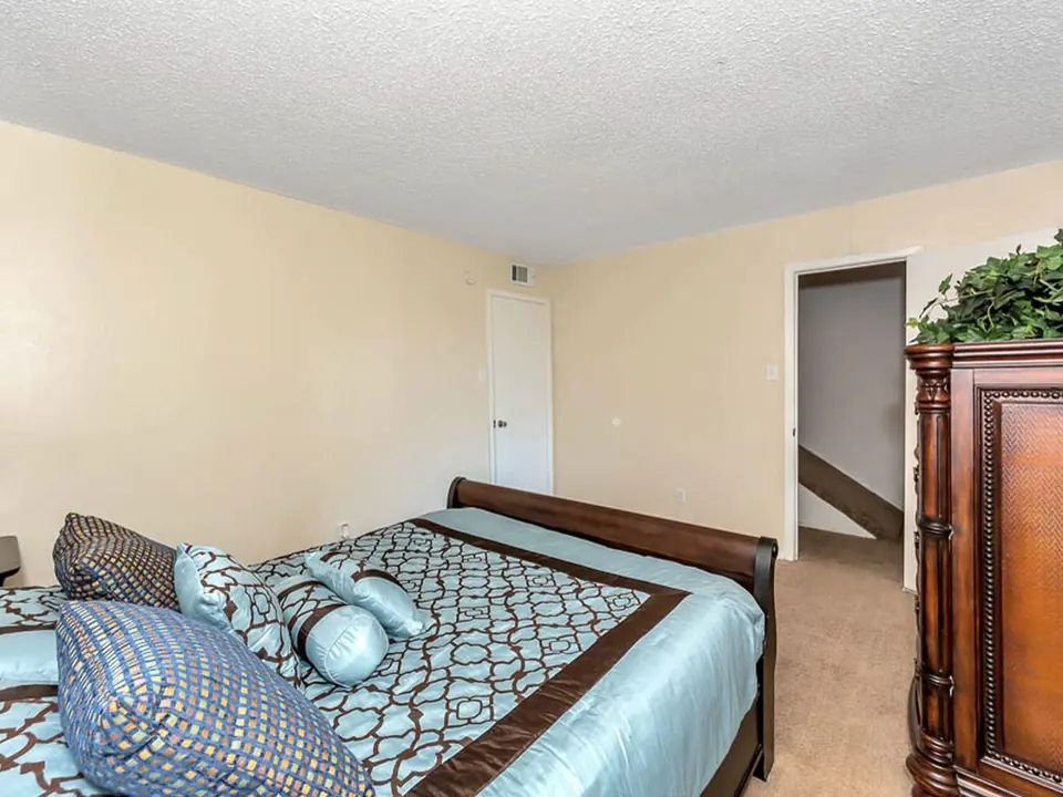 Furnished primary bedroom with a sleigh bed